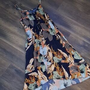 Tropical Floral Sleeveless Sun Dress with Tie Waist and Buttons